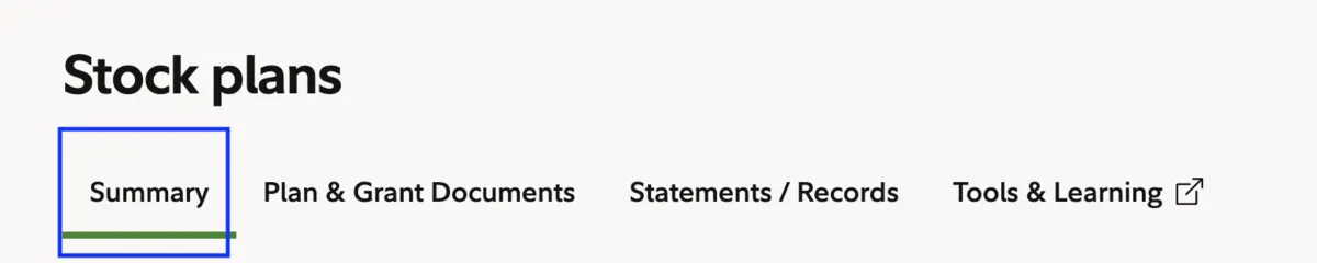Fidelity's Stock plans page, with Summary first in its row of tabs.