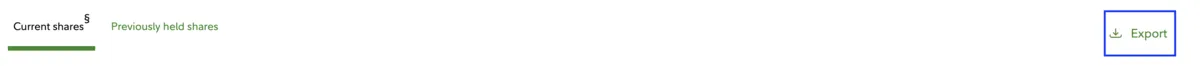 The Current shares tab beside Previously held shares, with an Export button at the right-hand end.