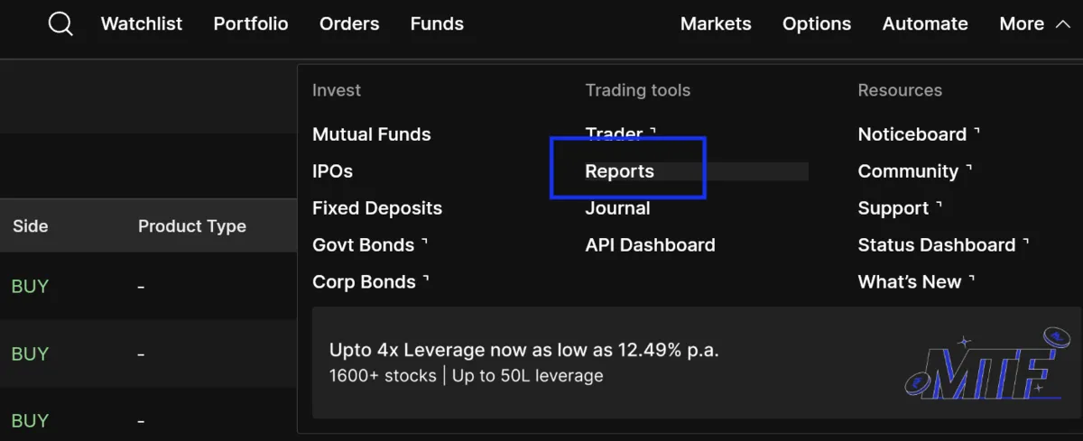 The Fyers More menu open, with Reports listed under Trading tools.
