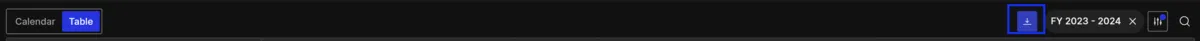 Fyers' report toolbar, with Download to the left of the financial-year pill.