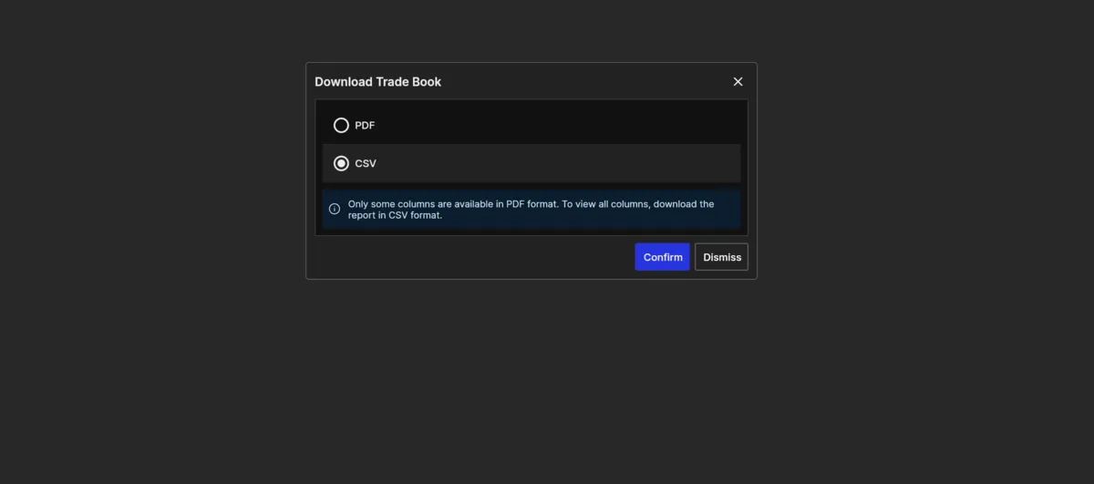 Fyers' download dialog, offering CSV or PDF and warning that the PDF carries only some columns.