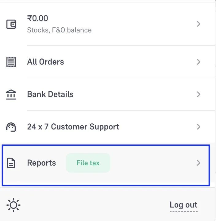The Groww profile menu open, with Reports in the list.