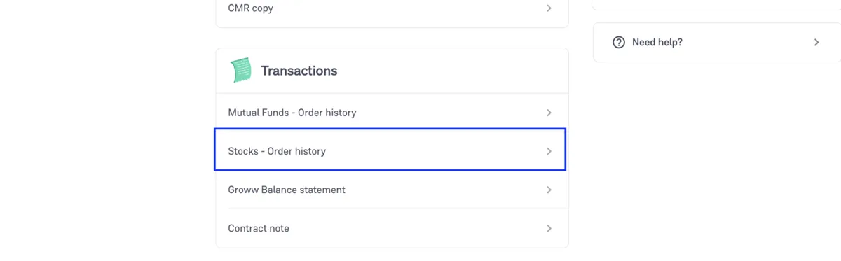 Groww's Reports page scrolled to the Transactions group, where Stocks - Order history is listed.