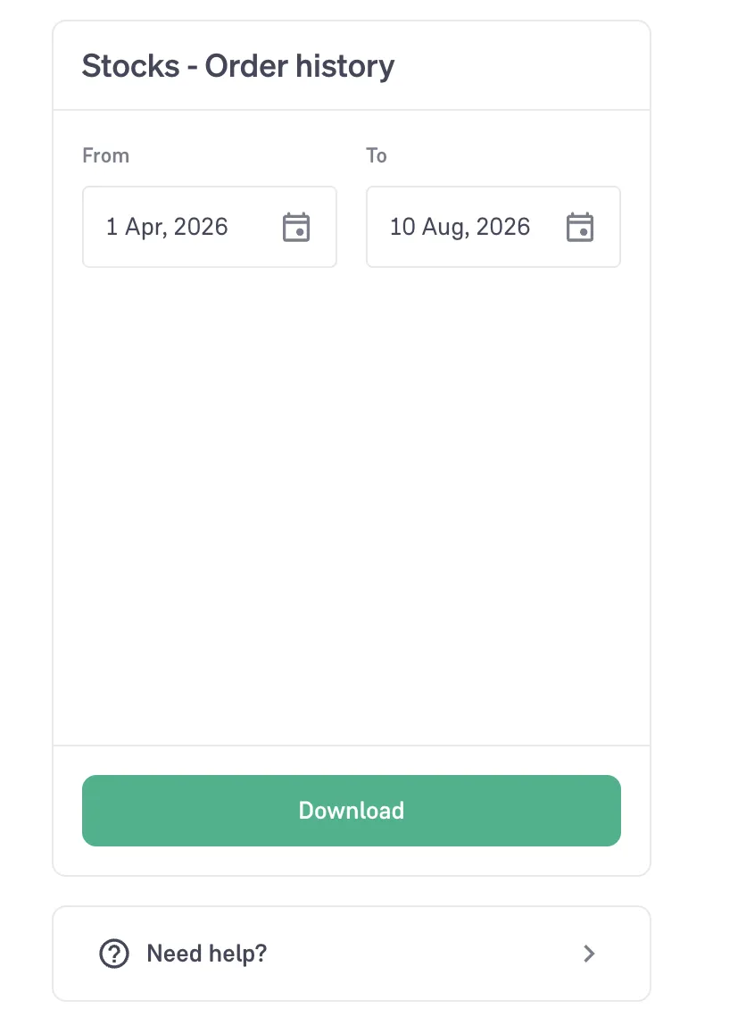 Groww's Stocks - Order history export, with From and To date fields above a Download button.
