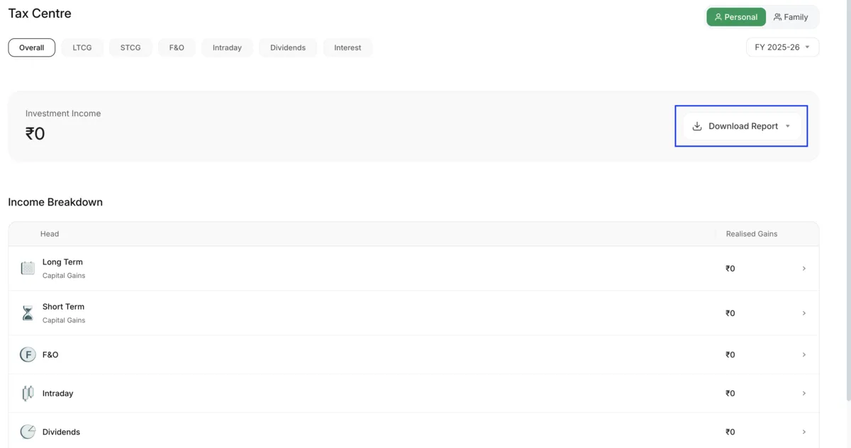 INDmoney's Tax and Other reports page, with the Download Report button.
