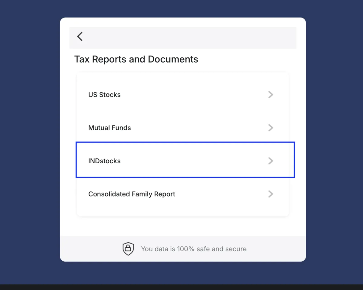 INDmoney's report list, where INDstocks and US Stocks are offered as separate choices.