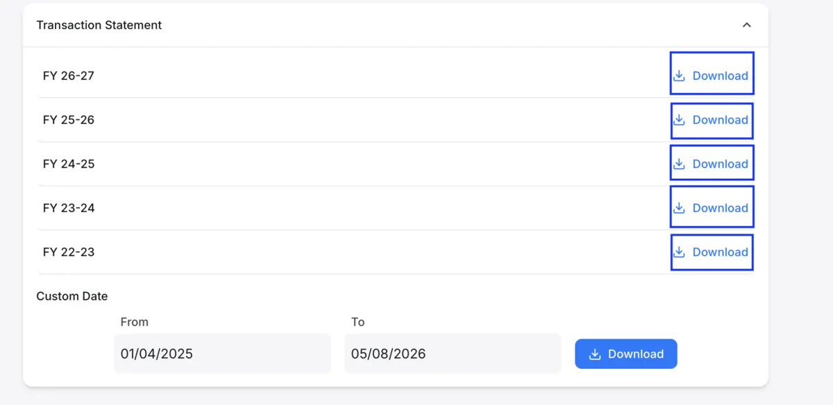 The Transaction Statement section at the foot of INDmoney's INDstocks report page, with a download per financial year.