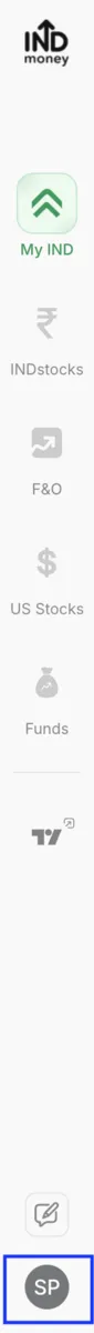 INDmoney's left sidebar, with the profile entry at the bottom of it.