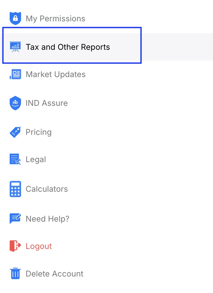 The INDmoney profile menu, with Tax and Other reports in the list.