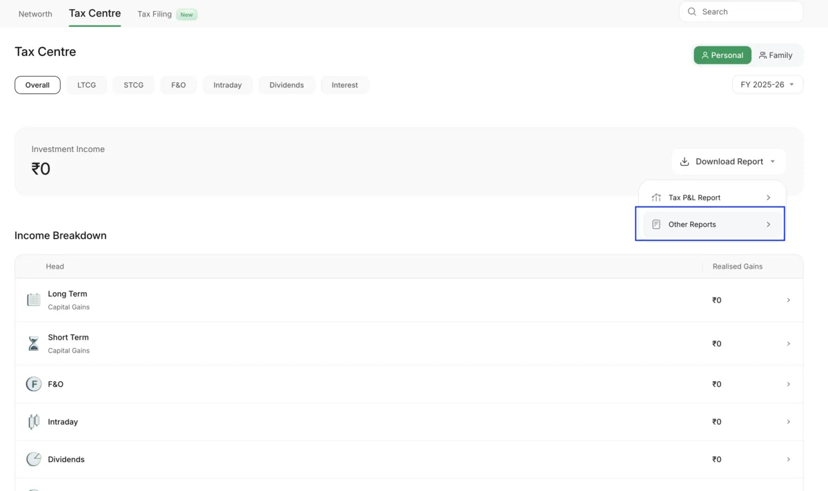 INDmoney's report-type dropdown open, with Other Reports among the choices.