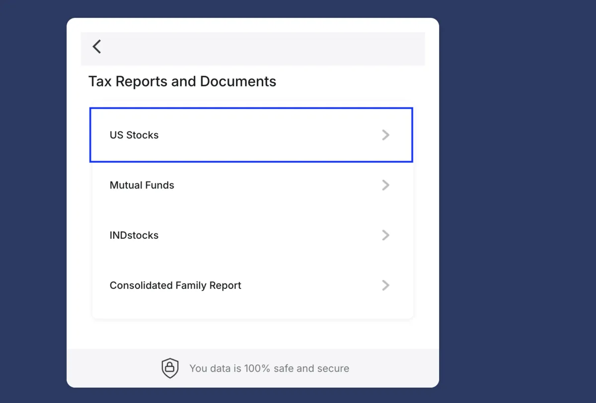 INDmoney's report list with US Stocks selected rather than INDstocks.