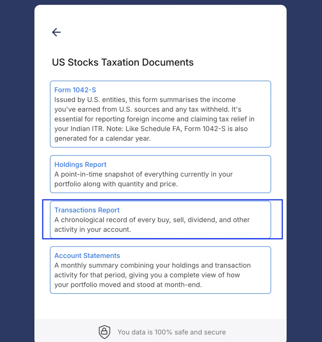 INDmoney's US Stocks report list, with Transactions Report among the reports offered.