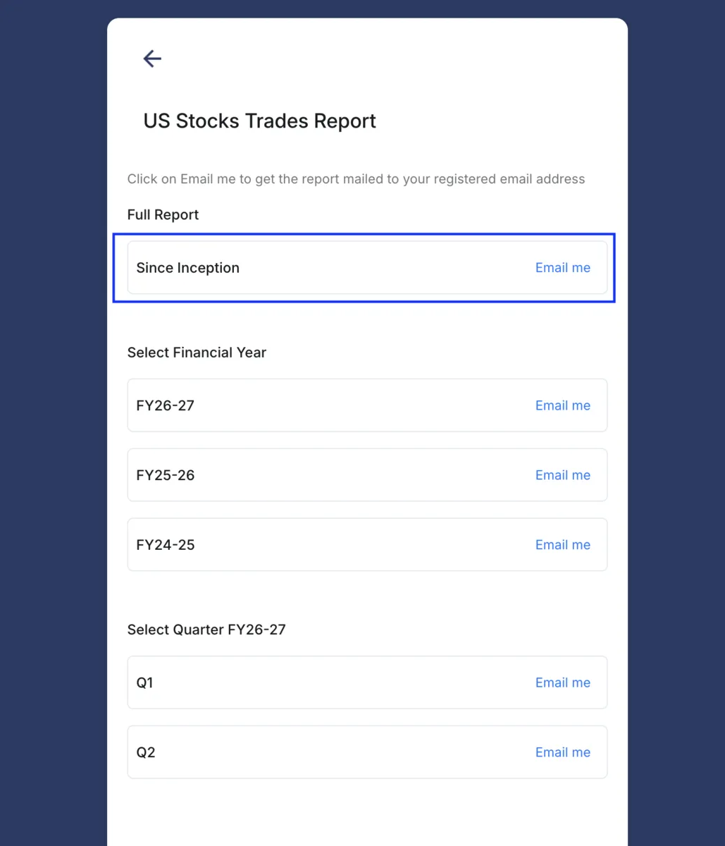 INDmoney's Transactions Report options, with the Email Me button under Full Report Since Inception.