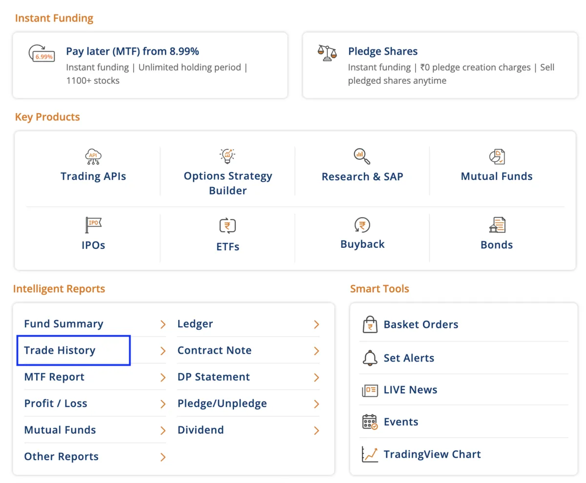 The mStock menu expanded, with Trade History listed in the Intelligent Reports group.