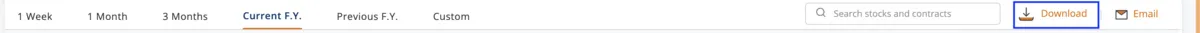 The Download button on mStock's Trade History screen.