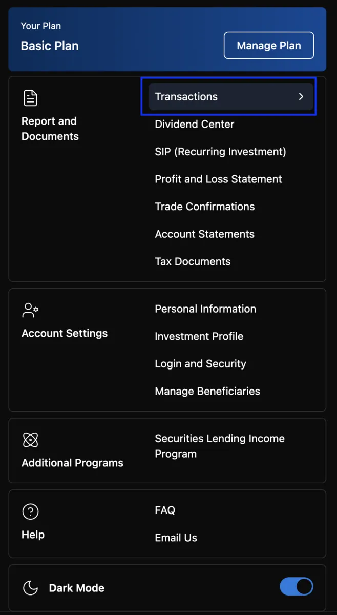 The Vested profile dropdown open, with Transactions in the list.