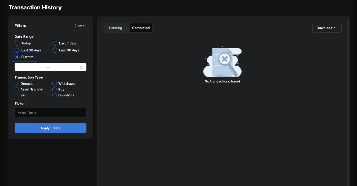Vested's Transaction History page with Custom chosen in the Date Range control.