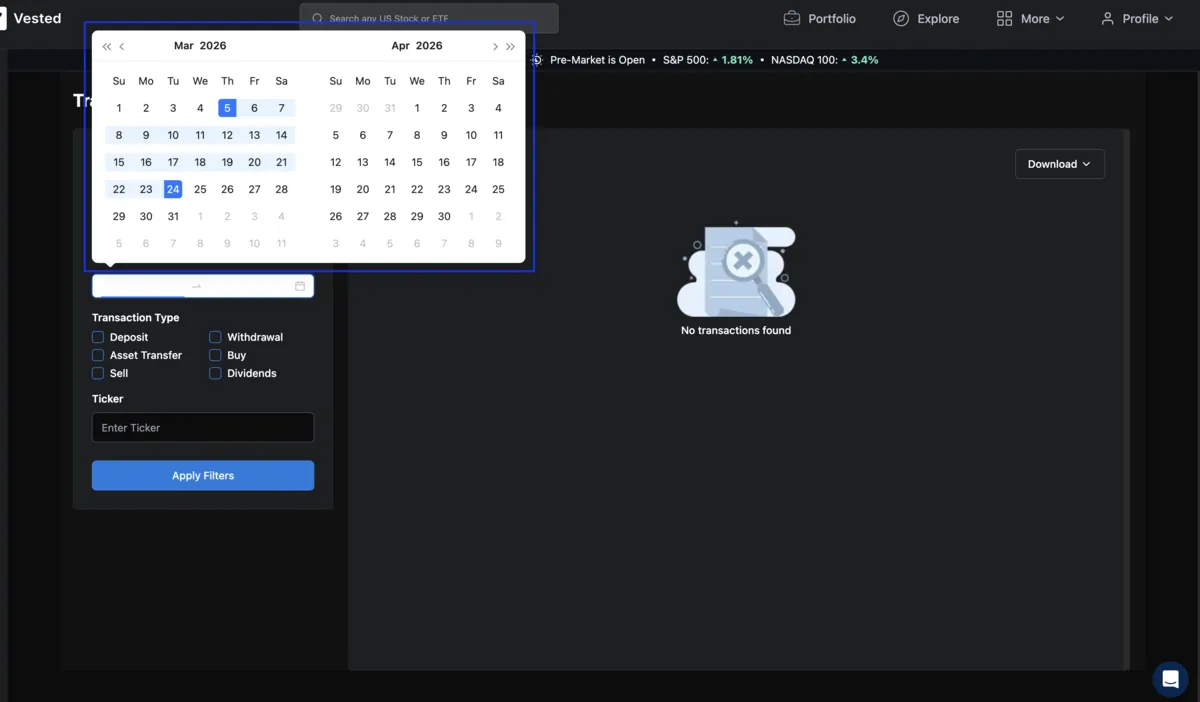 Vested's date-range calendar, with a start date and an end date being picked.