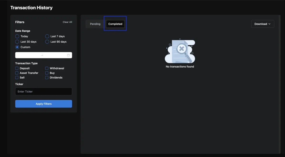 Vested's Transaction History filtered to Completed transactions.