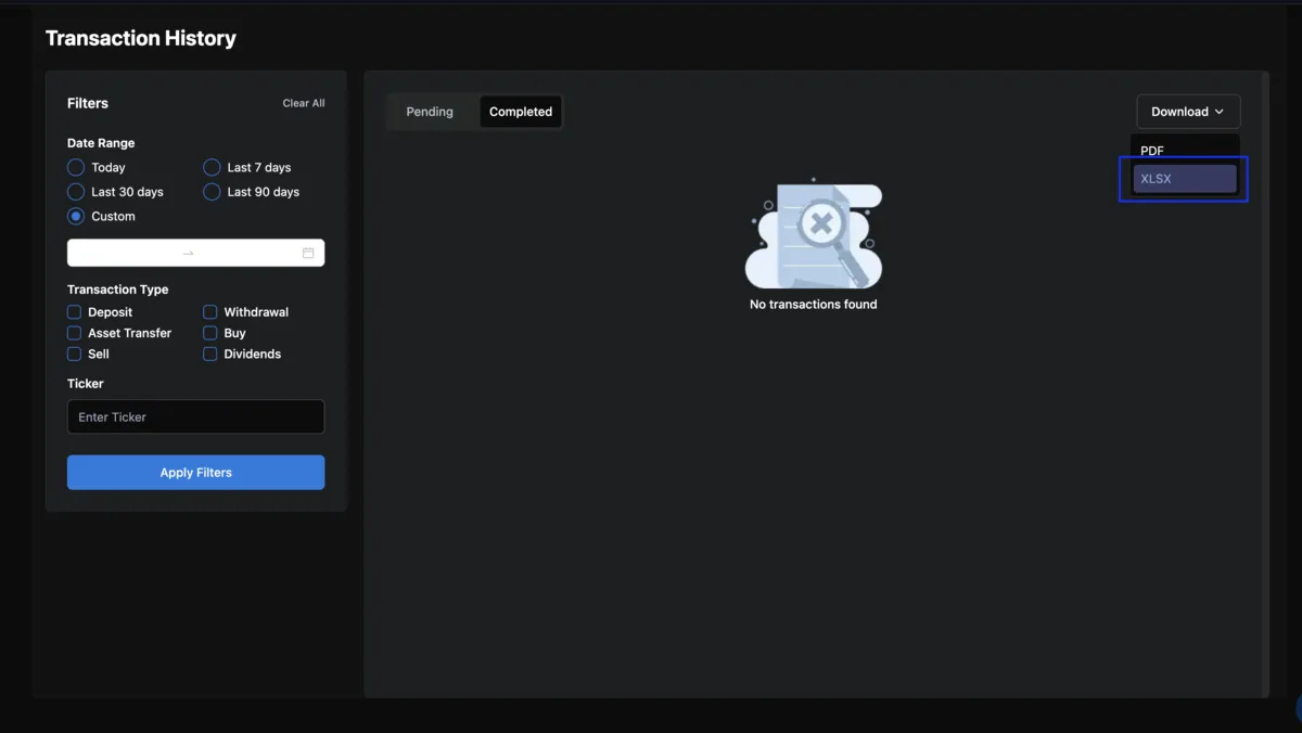 Vested's Download dropdown open, with XLSX among the formats offered.